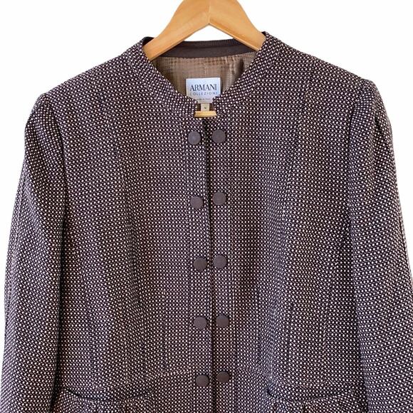 Armani Collezioni Antinea SRL Virgin Wool Stand Up Collar Peplum Tweed Jacket 14 - Picture 2 of 13